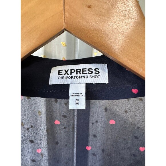 Express Women's Sheer Navy Polka Dot Hearts Button Down Portofino Shirt M - Picture 5 of 7